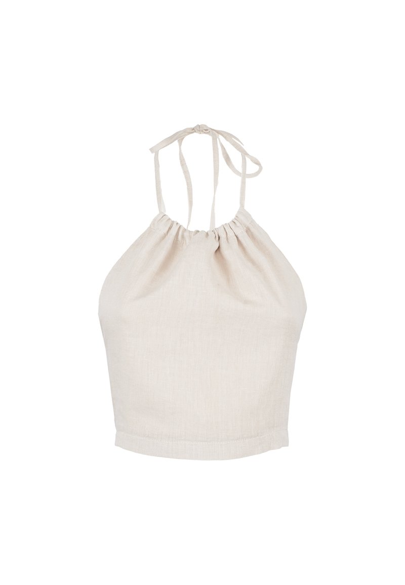 Top halter corto beige chiaro realizzato in lino, caratterizzato da una texture arricciata e spalline regolabili. Design semplice e minimalista.