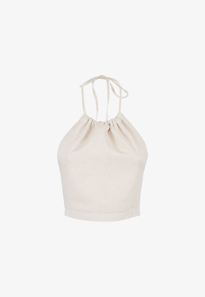 Top halter corto beige chiaro realizzato in lino, caratterizzato da una texture arricciata e spalline regolabili. Design semplice e minimalista.