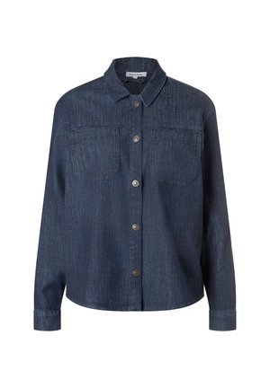Donkerblauwe denim overhemd met knopen, lange mouwen, twee borstzakken en een klassieke kraag.