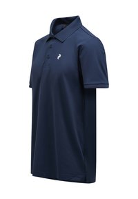 Marineblauwe polo met een klassieke kraag, een drieknoops sluiting, korte mouwen en een subtiele logo in het wit op de linkerborst.