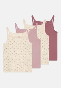 Quattro canotte in diverse tonalità di rosa e crema, di cui una con un motivo floreale, realizzate in tessuto morbido e elastico.