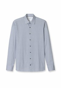 Langärmliges Hemd mit Knöpfen in Hellblau mit einem geometrischen Muster in Blau und Rot. Verfügt über einen Kragen und sechs dunkle Knöpfe.