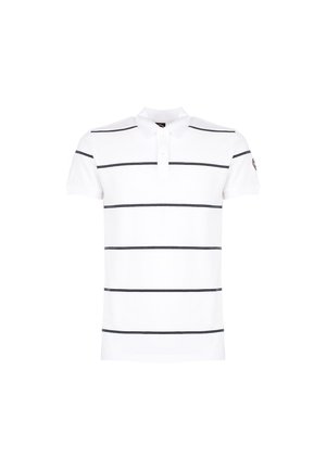 Polo à manches courtes blanc avec des rayures horizontales noires et un col boutonné, présenté sur un fond blanc uni.