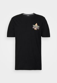 T-shirt noir à manches courtes avec petit logo "Volcom Stone" multicolore et motif géométrique sur le côté gauche de la poitrine.