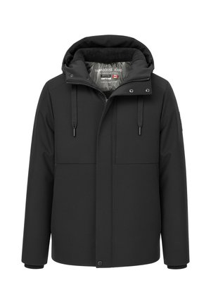 Veste noire à capuche avec fermeture éclair sur le devant, rabat coupe-vent à boutons-pression, cordons de serrage et poignets côtelés, sur fond blanc.