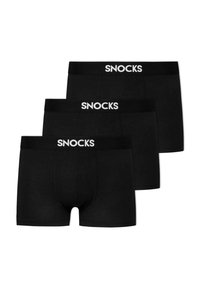 Boxer neri in confezione da tre, realizzati in materiale morbido con vestibilità aderente, caratterizzati da una cintura elastica con il logo "SNOCKS".