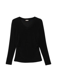 Czarny top z długim rękawem, dekoltem w serek i marszczonymi detalami po bokach, wykonany z miękkiej, gładkiej tkaniny. Klasyczny, dopasowany fason z minimalistycznymi akcentami.