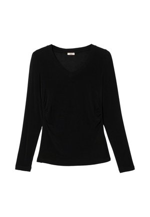 Czarny top z długim rękawem, dekoltem w serek i marszczonymi detalami po bokach, wykonany z miękkiej, gładkiej tkaniny. Klasyczny, dopasowany fason z minimalistycznymi akcentami.
