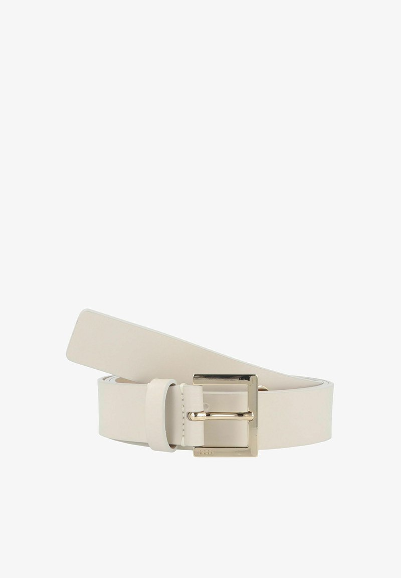 Ceinture en similicuir blanc avec une boucle rectangulaire en métal argenté et une boucle pour la partie finale, présentant une texture lisse et des lignes épurées.