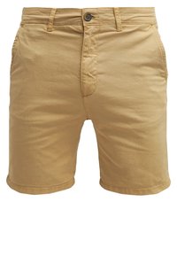 Shorts pour hommes en coton de couleur kaki, avec bouton à l'avant, fermeture éclair, passants pour ceinture et poches latérales, vus de face.