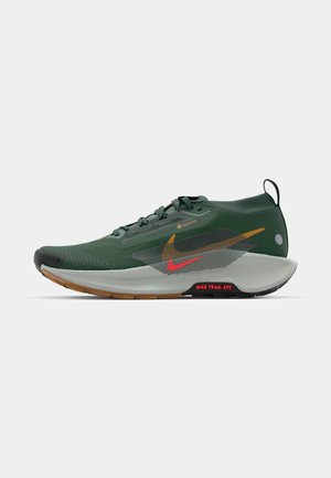 Green trail running shoes with a mesh upper, black rubber outsole, and a prominent red Nike logo. Features Gore-Tex for waterproofing.