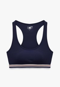 Merellinen urheiluliivi, joka on valmistettu sileästä kankaasta. Siinä on urheilullinen racerback-malli ja va horizontally raidallinen vyö, jossa on punaisia ja valkoisia yksityiskohtia.