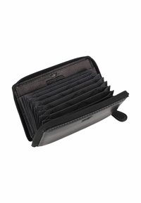 Black leather wallet with multiple card slots, lined interior, zip closure, and embossed logo. Textured finish and smooth edges.