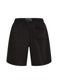 Schwarze Badeshorts mit einem elastischen Bund, zwei hinteren Knopftaschen und einem glatten, leichten Stoff. Langlebiges und vielseitiges Design.