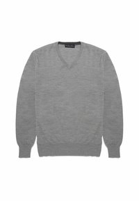 Grijze v-hals trui gemaakt van zacht gebreid materiaal met lange mouwen, geribde manchetten en een gladde textuur, met een klassiek ontwerp en een lichtgewicht pasvorm.