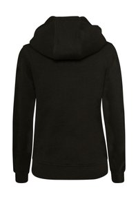 Felpa nera con cappuccio, caratterizzata da una texture morbida, un cappuccio spazioso e polsini e orlo a coste. Design semplice, senza motivi o accenti visibili.
