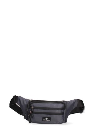 Marsupio grigio con tre scomparti con zip e tracolla nera regolabile, con una piccola patch con logo sulla tasca anteriore.