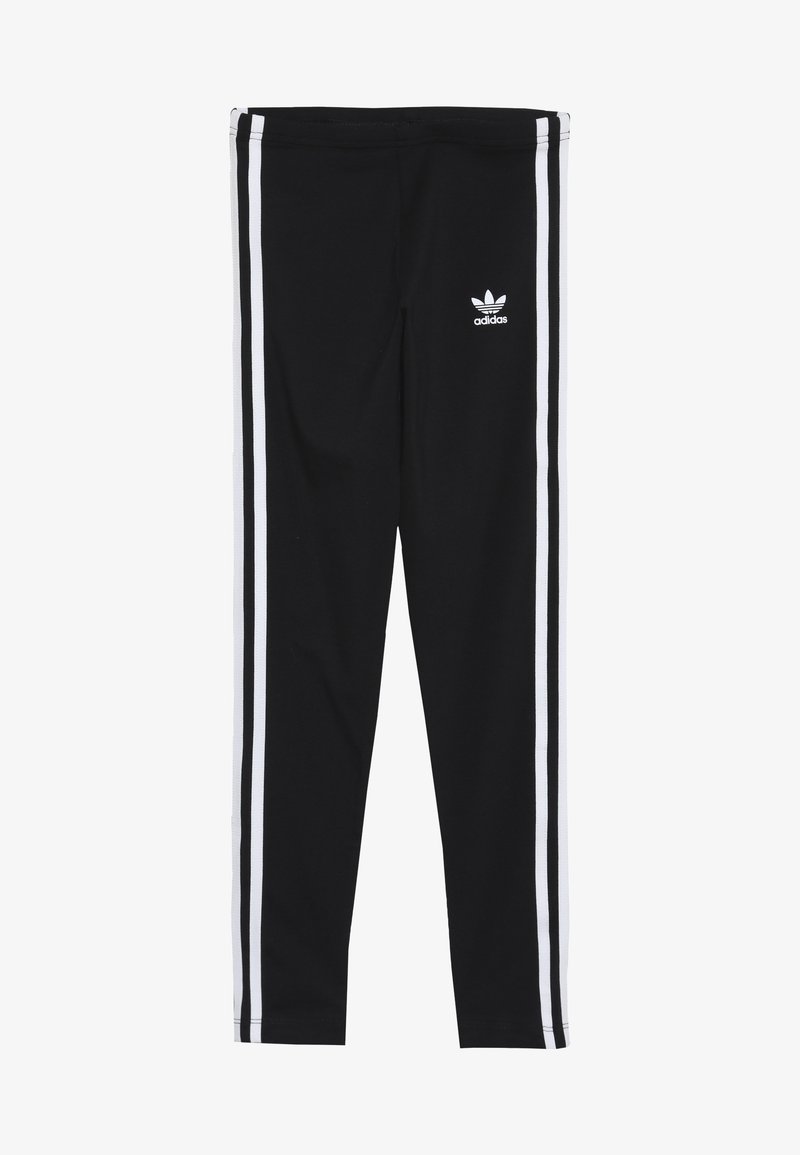 Leggings nere in materiale elastico con strisce laterali bianche e un piccolo logo Adidas bianco sul davanti.