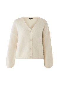 Krämfärgad stickad kofta med v-ringning, långa ärmar och femknappsstängning. Mjuk textur och ribbade kanter. Inga mönster eller ytterligare detaljer.