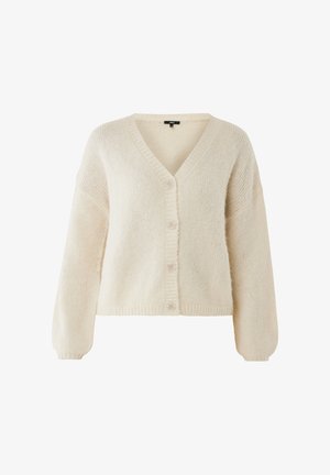Creme strik cardigan med V-udskæring, lange ærmer og fem knaplukninger. Blød tekstur og ribbede kanter. Ingen mønstre eller yderligere detaljer.