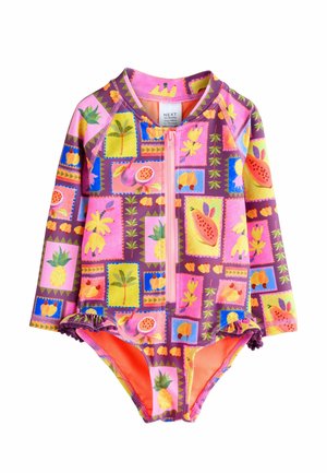 Long-sleeve swimsuit featuring a pink and purple fruit pattern, a front zipper, and ruffled edges, with orange interior lining.