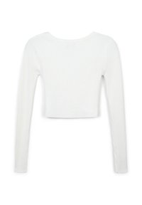 Weißes, geripptes Langarm-Crop-Top mit rundem Halsausschnitt. Verfügt über ein enges Design und eine glatte Textur, ideal zum Schichten oder für den lässigen Alltag.