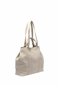 Sac fourre-tout en cuir beige clair texturé avec double bandoulière et accents en métal doré.