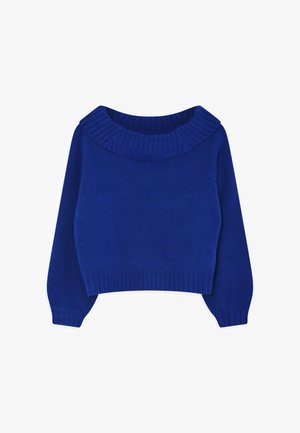 Sininen neulepusero, jossa on ribbireunuksilla varustettu olkapäiden paljastava kaulus, pitkät hihat ja ribbireunukset helmassa. Pehmeä pinta ja yksivärinen kuvio.