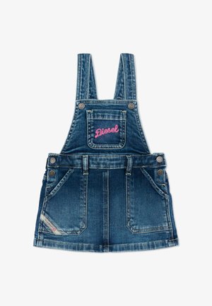 Sukienka na szelkach z denimu z regulowanymi ramiączkami, przednią kieszenią z wyszywanym różowym napisem "Diesel", dwoma bocznymi kieszeniami oraz guzikami w talii.