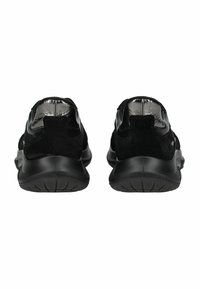 Scarpe da ginnastica nere con un mix di pelle scamosciata e materiale lucido, suola in gomma testurizzata e design elegante. La vista posteriore mostra il colletto imbottito.
