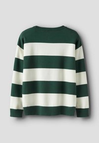 Pull rayé vert et blanc avec un col rond côtelé et des poignets, présentant de larges rayures horizontales. Texture de tissu douce, design décontracté.