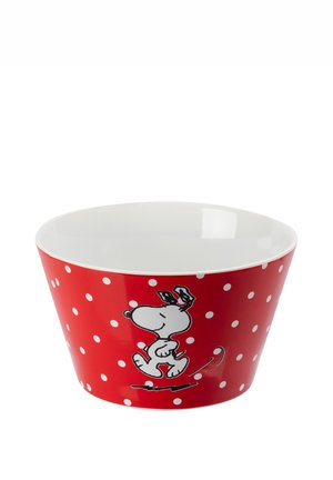 Rote Schüssel mit weißen Punkten und einer schwarz-weißen Snoopy-Figur, die in der Mitte läuft, innen schlicht weiß.