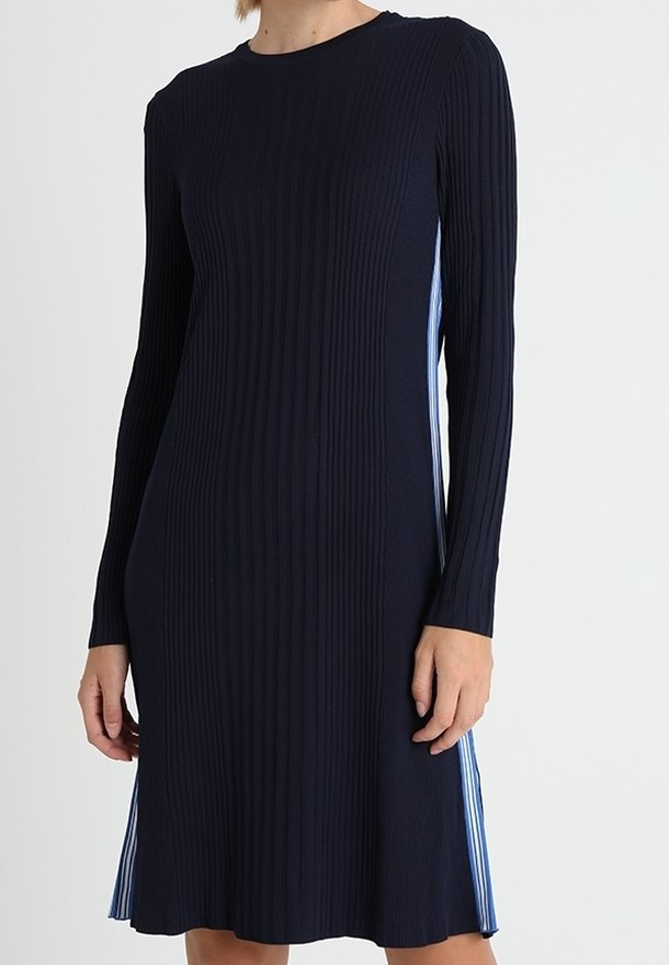 Robe en tricot côtelé bleu marine à manches longues, col rond, avec des panneaux latéraux rayés bleu et blanc, portée par une personne.