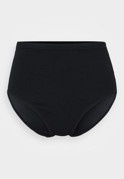 Høyt midjebelte svarte truser laget av teksturert stoff, med en glatt midje og foret innside for komfort og dekning.