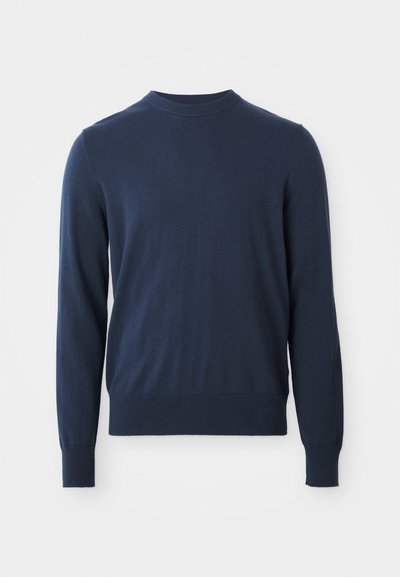 Dunkelblaues Langarm-Pullover mit Rundhalsausschnitt, mit gerippten Bündchen und Saum, vor einem weißen Hintergrund präsentiert.