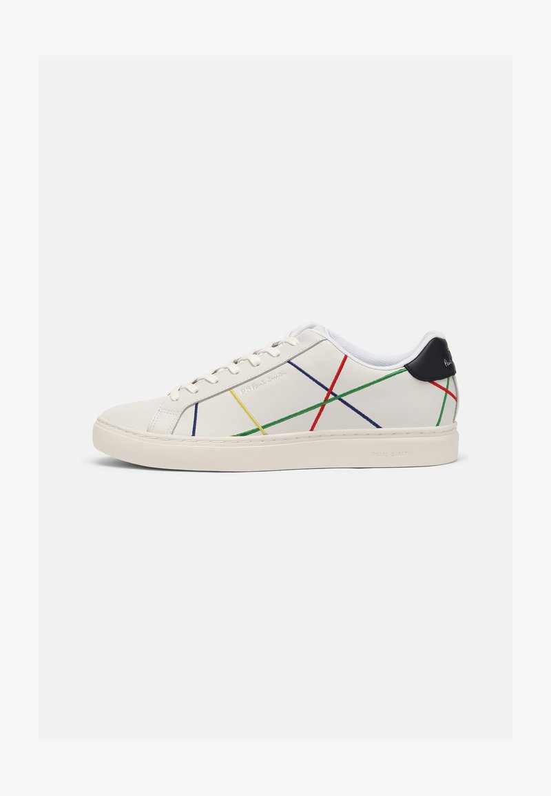 White leather sneakers with multicolored diagonal lines in red, yellow, green, and blue. Black accent on the heel. Rubber sole.