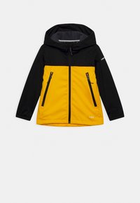 Chaqueta con capucha amarilla y negra. Material impermeable, bolsillos con cremallera y un interior gris. Presenta un diseño moderno y capucha ajustable.