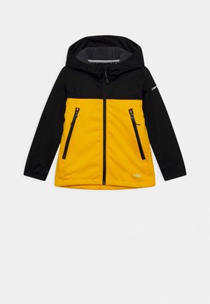 Gelbe und schwarze Kapuzenjacke. Wasserdichtes Material, mit Reißverschlusstaschen und grauem Innenfutter. Verfügt über ein modernes Design und eine verstellbare Kapuze.