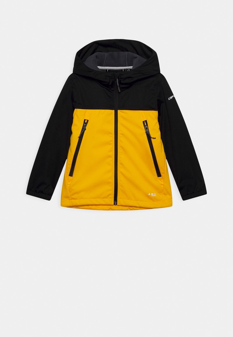 Chaqueta con capucha amarilla y negra. Material impermeable, bolsillos con cremallera y un interior gris. Presenta un diseño moderno y capucha ajustable.