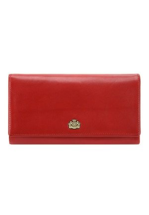 Red leather wallet with a smooth texture, featuring a gold emblem and a rectangular design. Closure is a flap with stitching details.