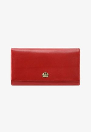 Red leather wallet with a smooth texture, featuring a gold emblem and a rectangular design. Closure is a flap with stitching details.