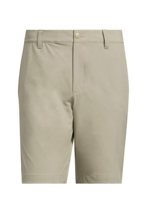 Pantalones cortos beige hechos de tela suave, con cierre de botón, trabillas para cinturón y un ajuste entallado. Textura lisa sin patrones visibles.