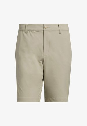 Beige Shorts aus weichem Stoff mit Knopfverschluss, Gürtelschlaufen und tailliertem Schnitt. Glatte Textur ohne sichtbare Muster.
