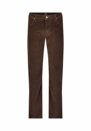 Brune fløjl bukser med lige ben design. Funktioner inkluderer frontlommer og knaplukning, lavet af blødt, struktureret stof.