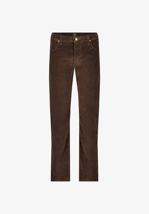 Pantalon en velours côtelé marron avec une coupe droite. Il comprend des poches avant et une fermeture à bouton, fabriqué à partir d'un tissu doux et texturé.