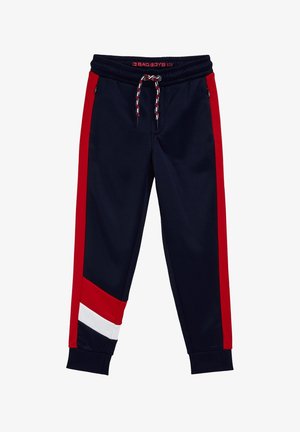 Marineblå joggingbukser med røde sidelister, hvide og røde vinkeldetaljer nær anklerne, elastisk taljebånd og snørelukning.