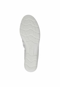 Sola di sneaker bianca in gomma texturizzata, con scanalature profonde per una migliore aderenza e una punta arrotondata liscia. Dettagli del logo in modo discreto.