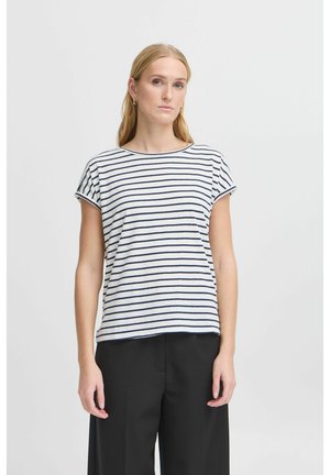T-shirt à manches courtes rayé en gris clair et marine, avec un col rond et un léger détail d'épaule tombante, fabriqué en tissu doux.