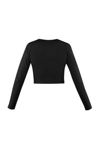 Schwarzes langärmliges Cropped-Top mit Rundhalsausschnitt und glatter Textur. Es sind keine Muster oder Akzente sichtbar. Rückansicht angezeigt.