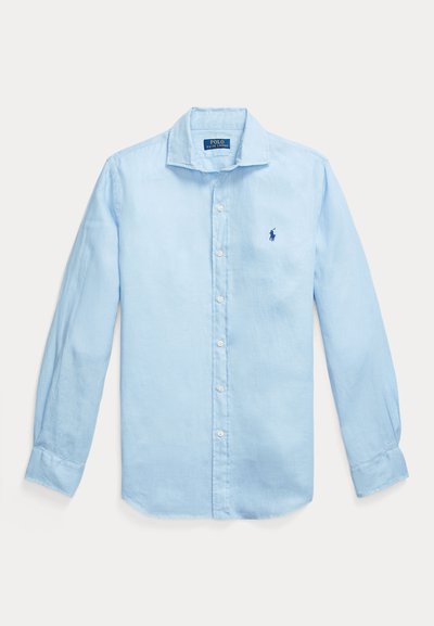 Light blue linen long-sleeve shirt with a button-down collar, white buttons, and a small embroidered logo on the left chest.